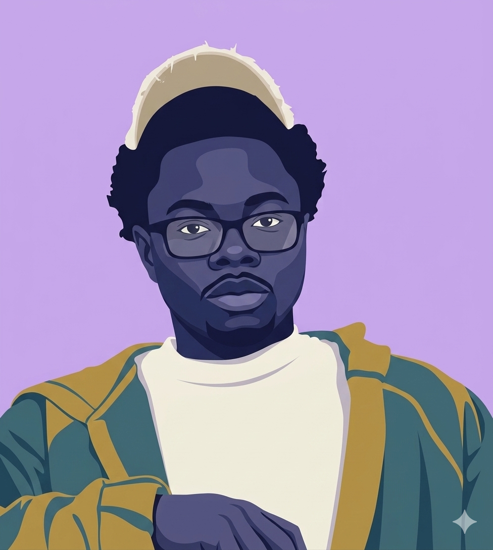 Digital illustration of a young man with glasses, dark skin, and short curly hair wearing a white shirt and an olive green jacket, with a light purple background.