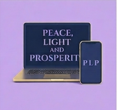 A laptop and a smartphone displaying the words 'Peace, Light and Prosperity' and the initials 'PLP' on their screens, placed against a pastel purple background.