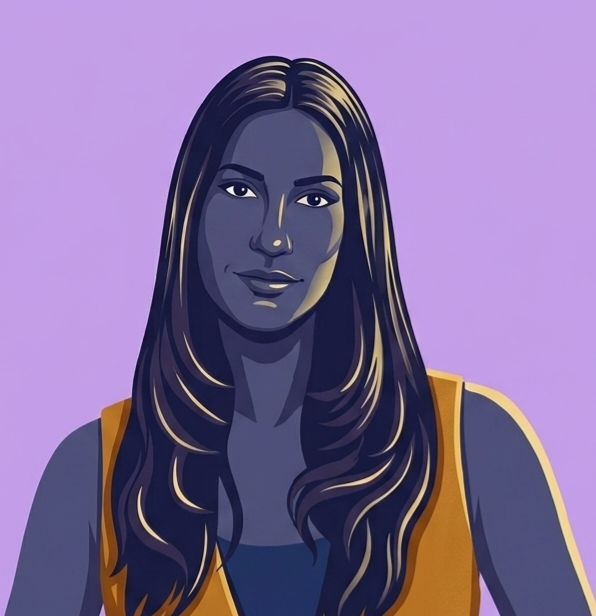 Digital illustration of a woman with long brown hair, wearing a yellow top, against a purple background.