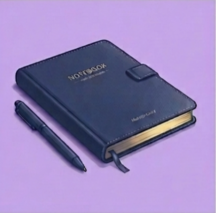 A black Norfca notebooks with a black pen placed beside it on a purple background.
