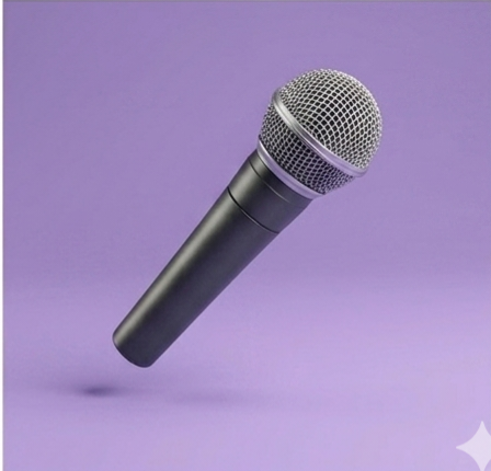 A handheld microphone with a silver grille against a purple background.