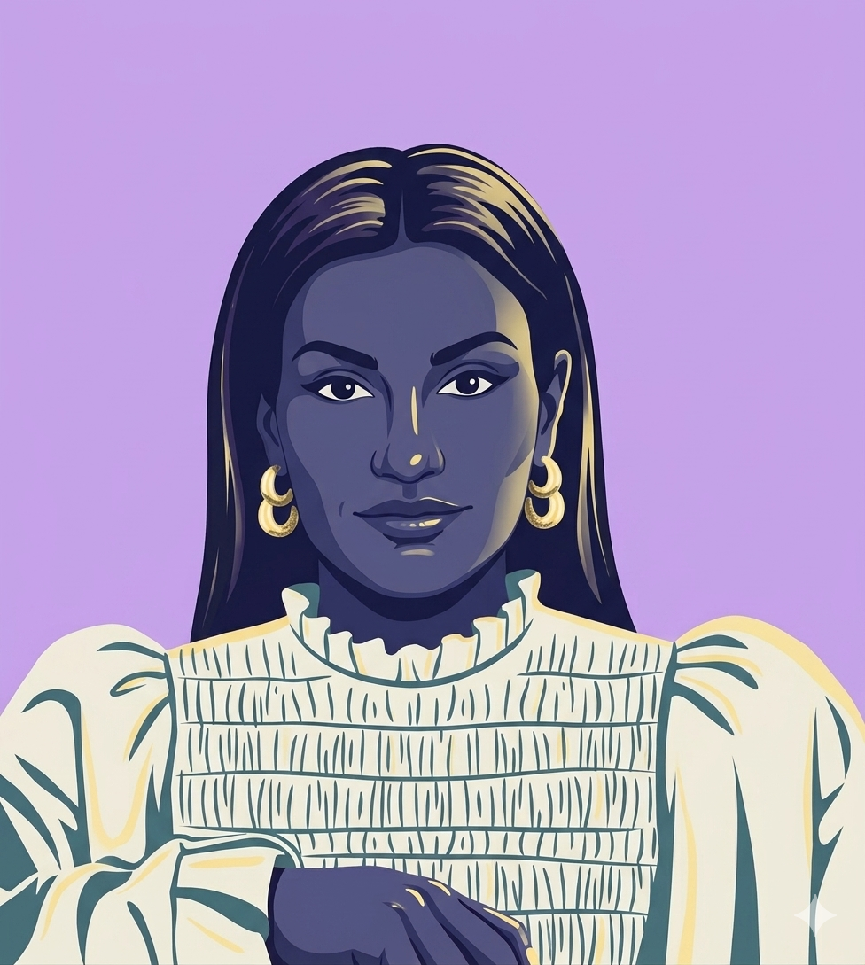 Hilary Biaku | Black Female Model, Creative Strategist, Content Creator, Digital illustration of a woman with dark skin, long dark hair, wearing gold hoop earrings and a cream-colored blouse with ruffles and pleats, set against a purple background.