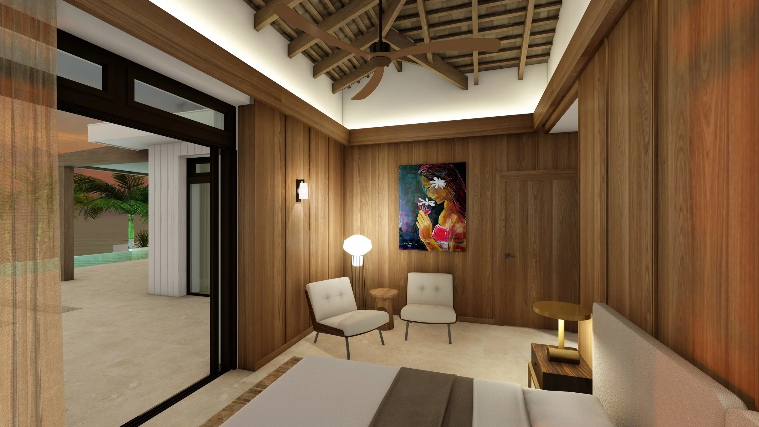 Intérieur d'une chambre avec murs en bois, deux chaises blanches, une peinture colorée représentant une femme, une lampe de chevet, et une lumière indirecte au plafond, avec vue sur une terrasse ombragée extérieure.