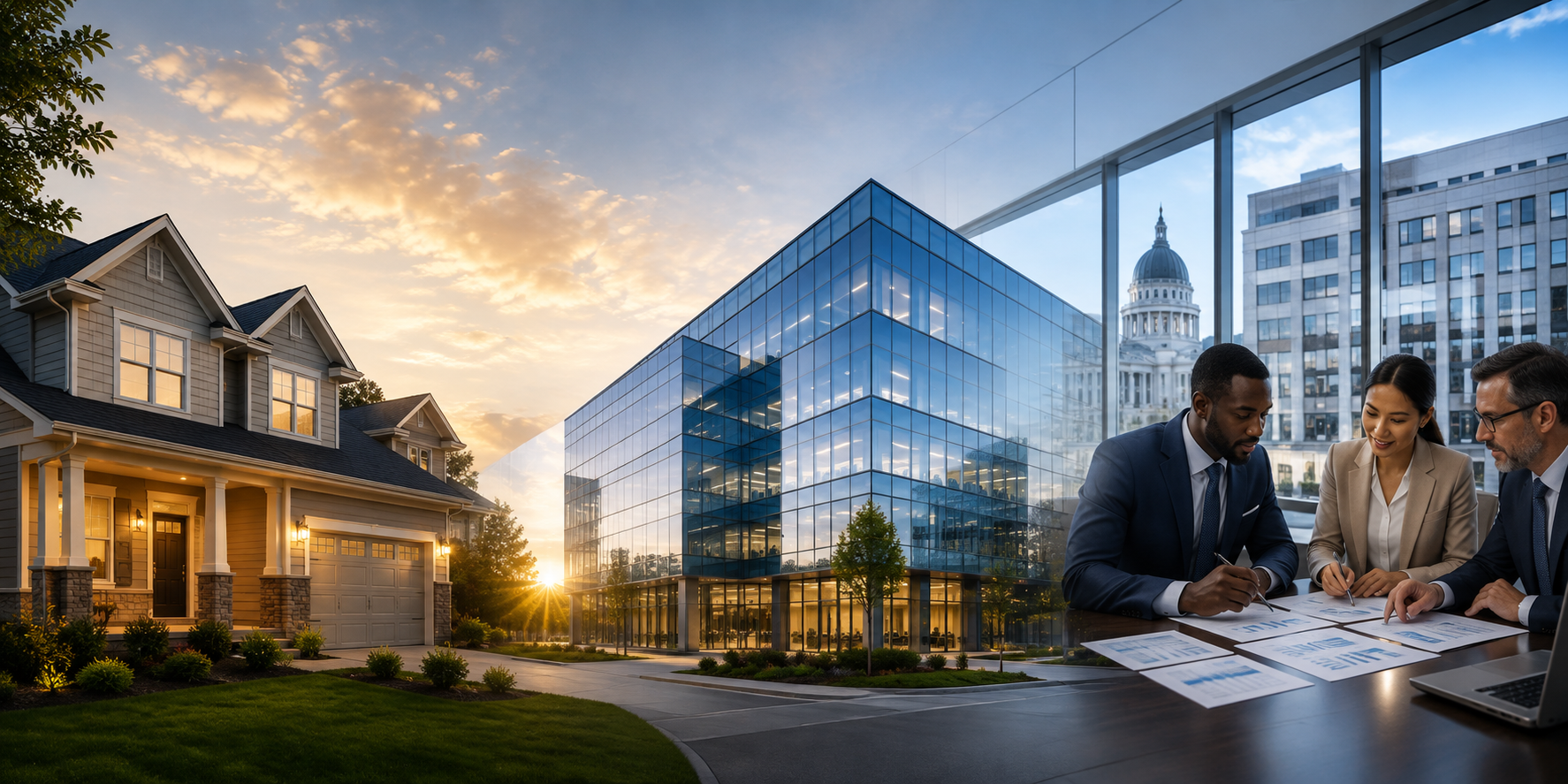 A suburban house with a well-maintained lawn and a modern glass office building during sunset, with three business professionals discussing documents inside a conference room with a city view.