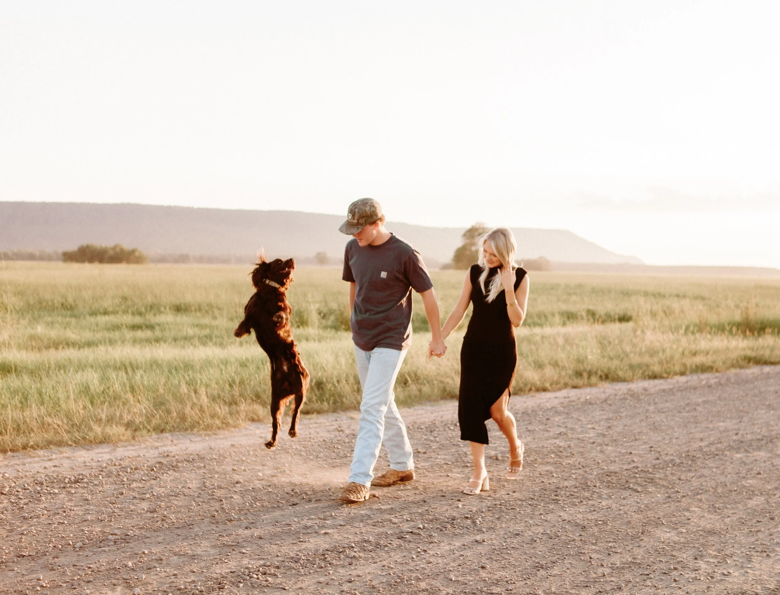 A couple walking with a dog in a grassy field during sunset.