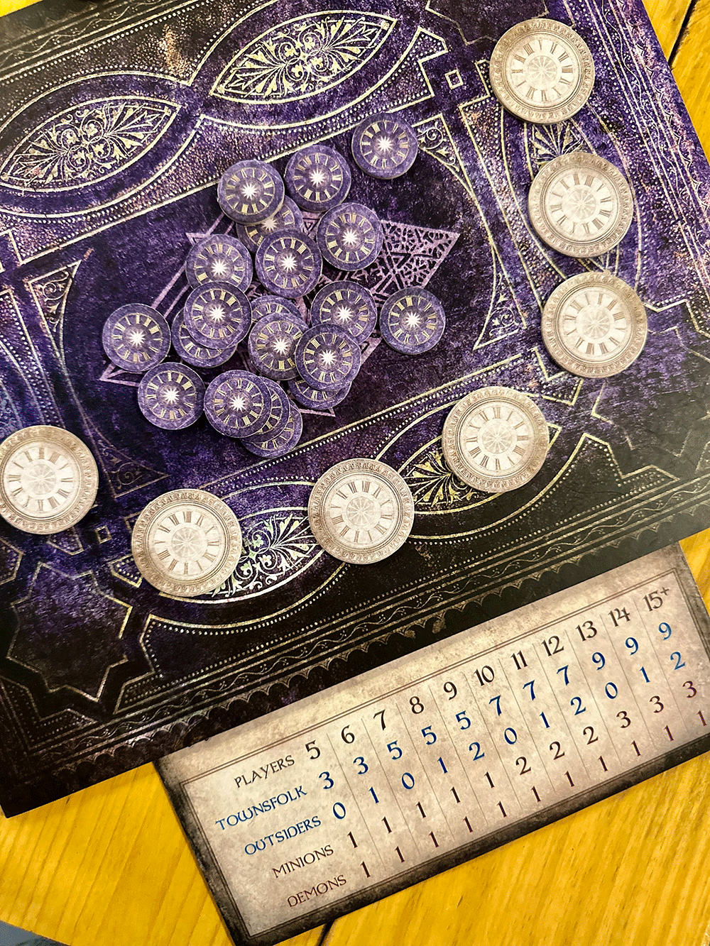 A board game with purple and silver tokens on intricate purple and gold patterned background. Score tracker shows players' points, with categories for Townsfolk, Outsiders, Minions, and Demons.