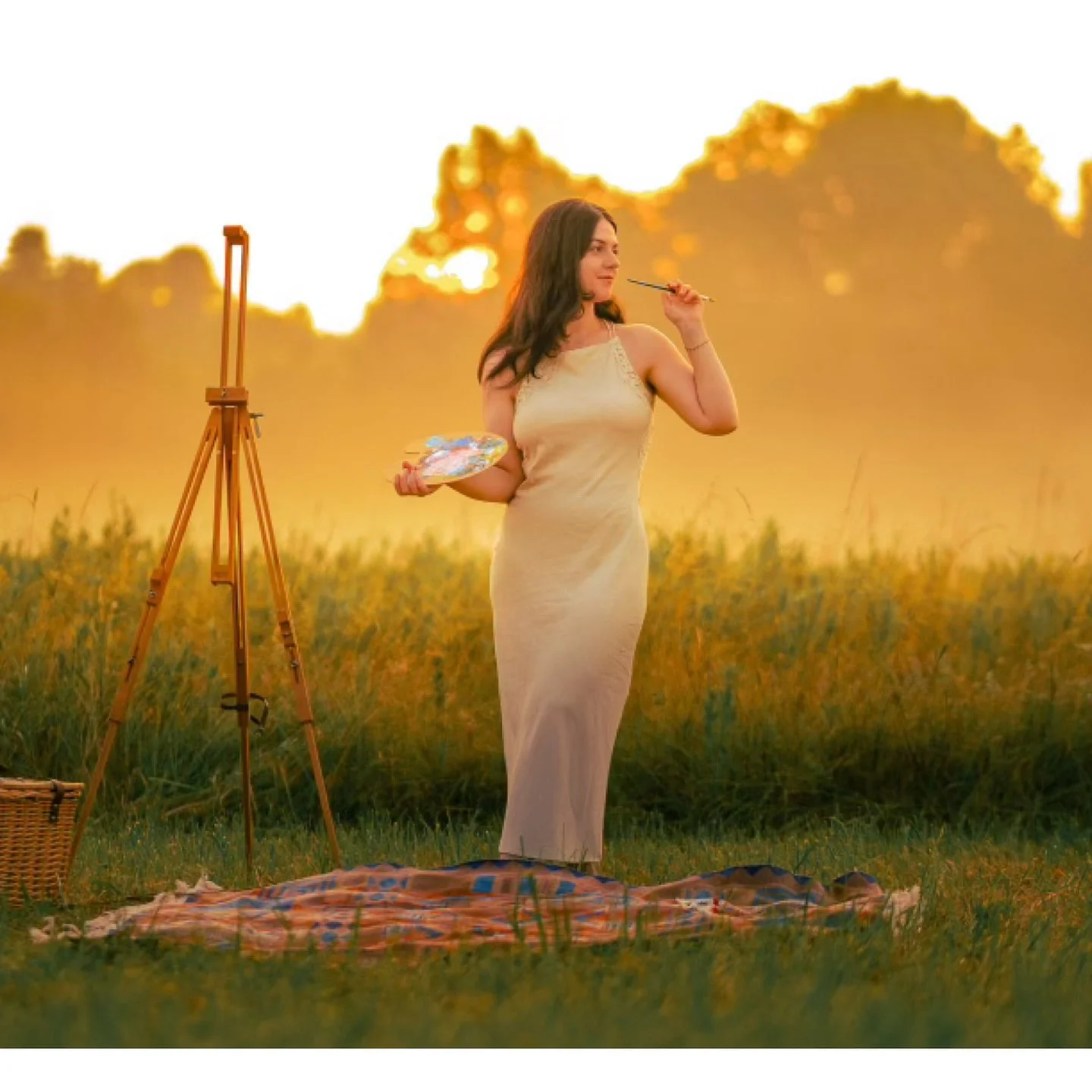 At dawn-in the morning, soft and fair,
The sun attends the painter&rsquo;s tousled hair;
Her brush, still trembling from the night&rsquo;s repose,
Awakes to chase the blush the daylight shows.

No ball is called, no company is met,
No measured grace,