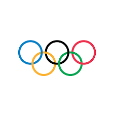 Olympic rings logo with five interlinked rings in blue, yellow, black, green, and red on a white background.