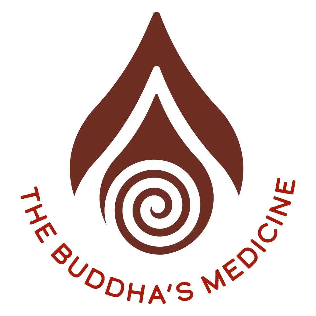 A logo with a stylized leaf and spiral design in brown and white, with the text 'The Buddha's Medicine' curved around the bottom in red.