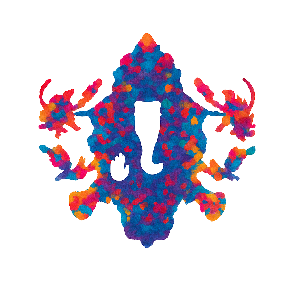 Colorful Rorschach design with internal yoga elements (Ganesha) made up of multicolored paint splotches.