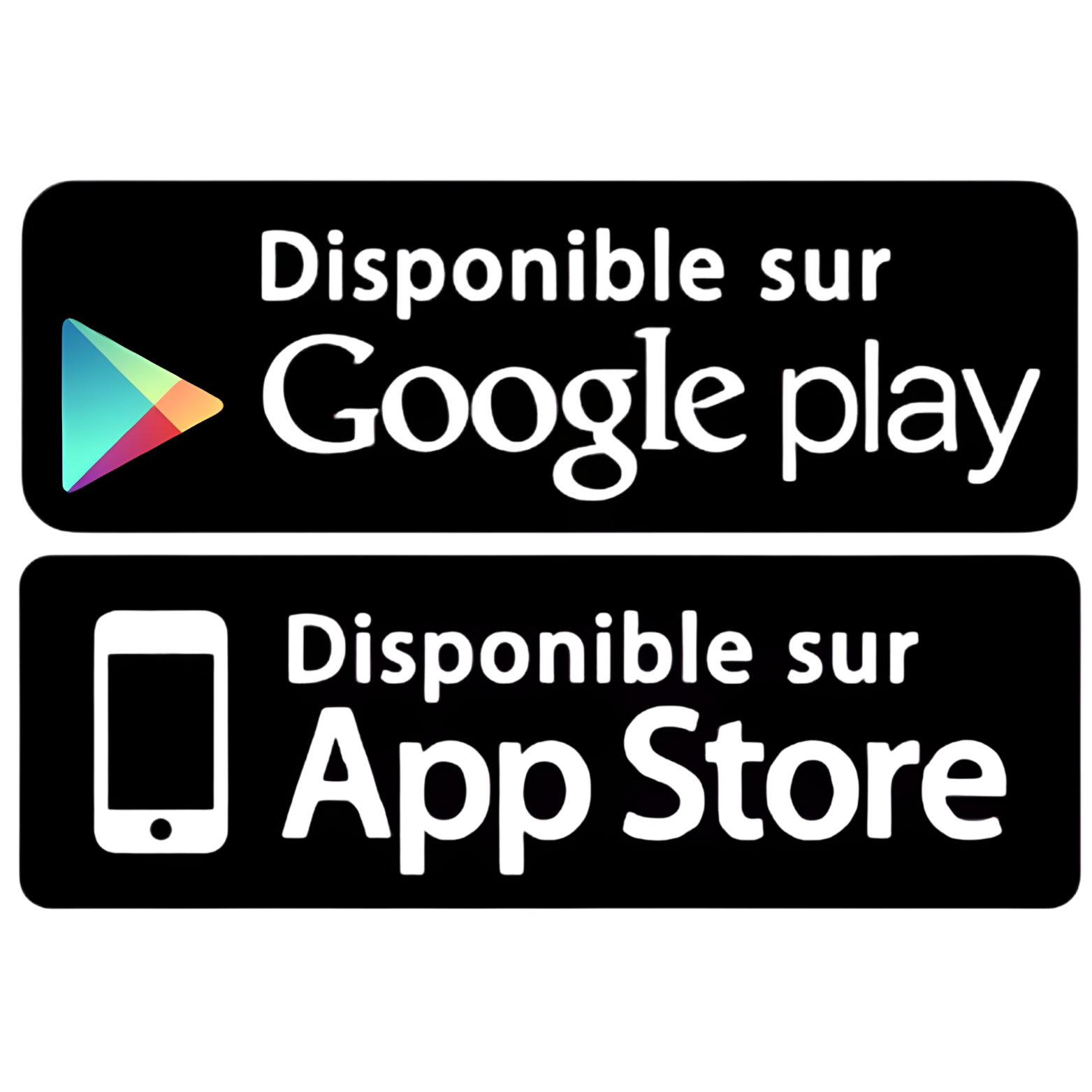Boutons pour télécharger une application sur Google Play et l'App Store.