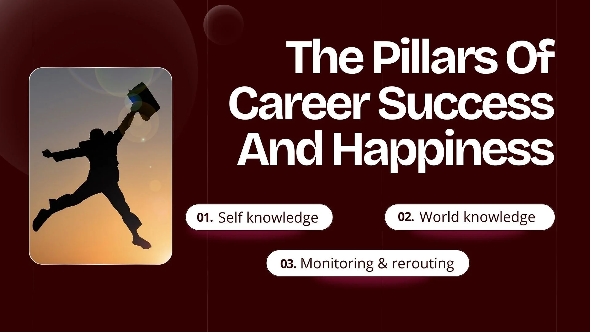 Silhouette of a person jumping and holding a briefcase in the sunset sky with lens flare, next to text that reads 'The Pillars of Career Success and Happiness' and three numbered points about self-knowledge, world knowledge, and monitoring and rerouting.
