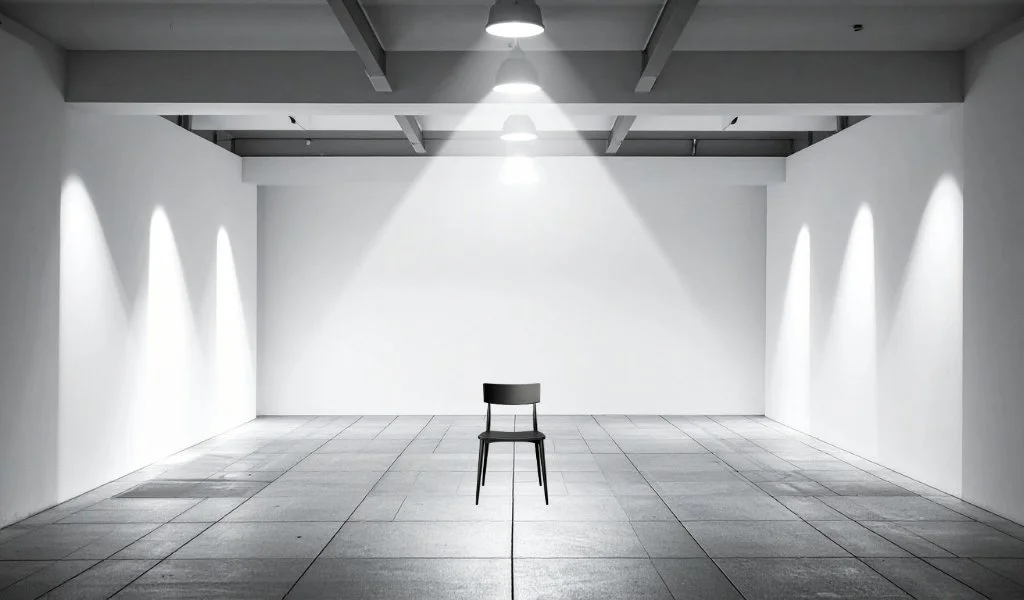 A single black chair centered in a bright, minimalist white gallery or studio space, illuminated by overhead lights.
