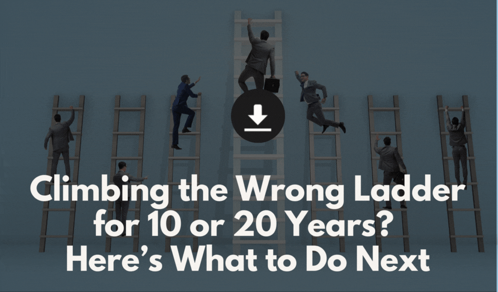 Businesspeople climbing ladders against a blue wall with a central ladder that a person is-assisted to climb, illustrating the concept of choosing the right career path.