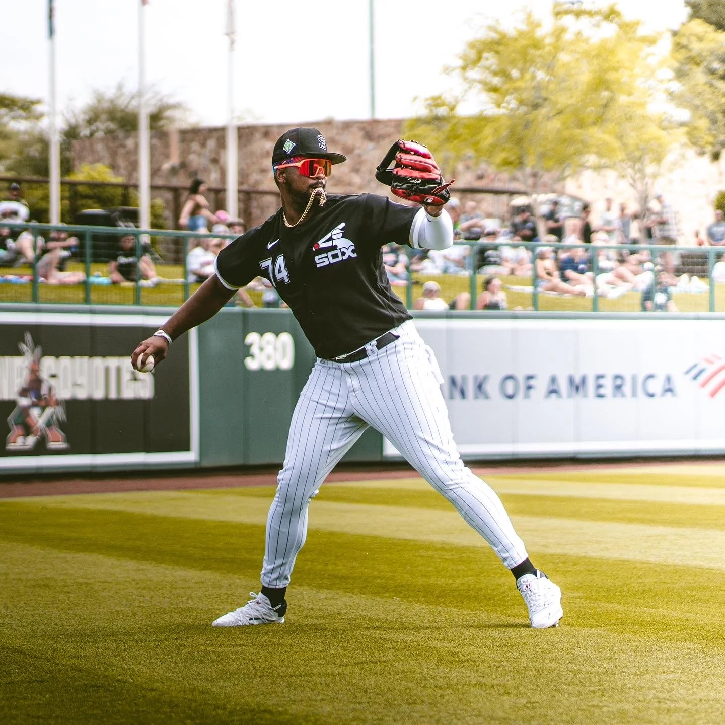 A baseball player from the Chicago White Sox on a baseball field, preparing to catch a ball. The player is wearing a black jersey, white pinstripe pants, and red sunglasses, with a wristband and a red glove on his left hand. Spectators are visible in the background.