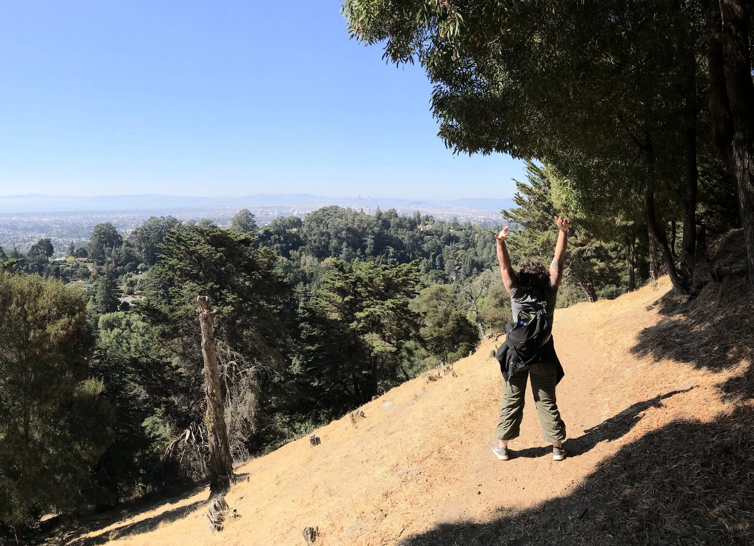 A person hiking on a dirt trail in a forest, raising their arms in the air, with numerous trees and a distant city skyline visible under a clear blue sky.