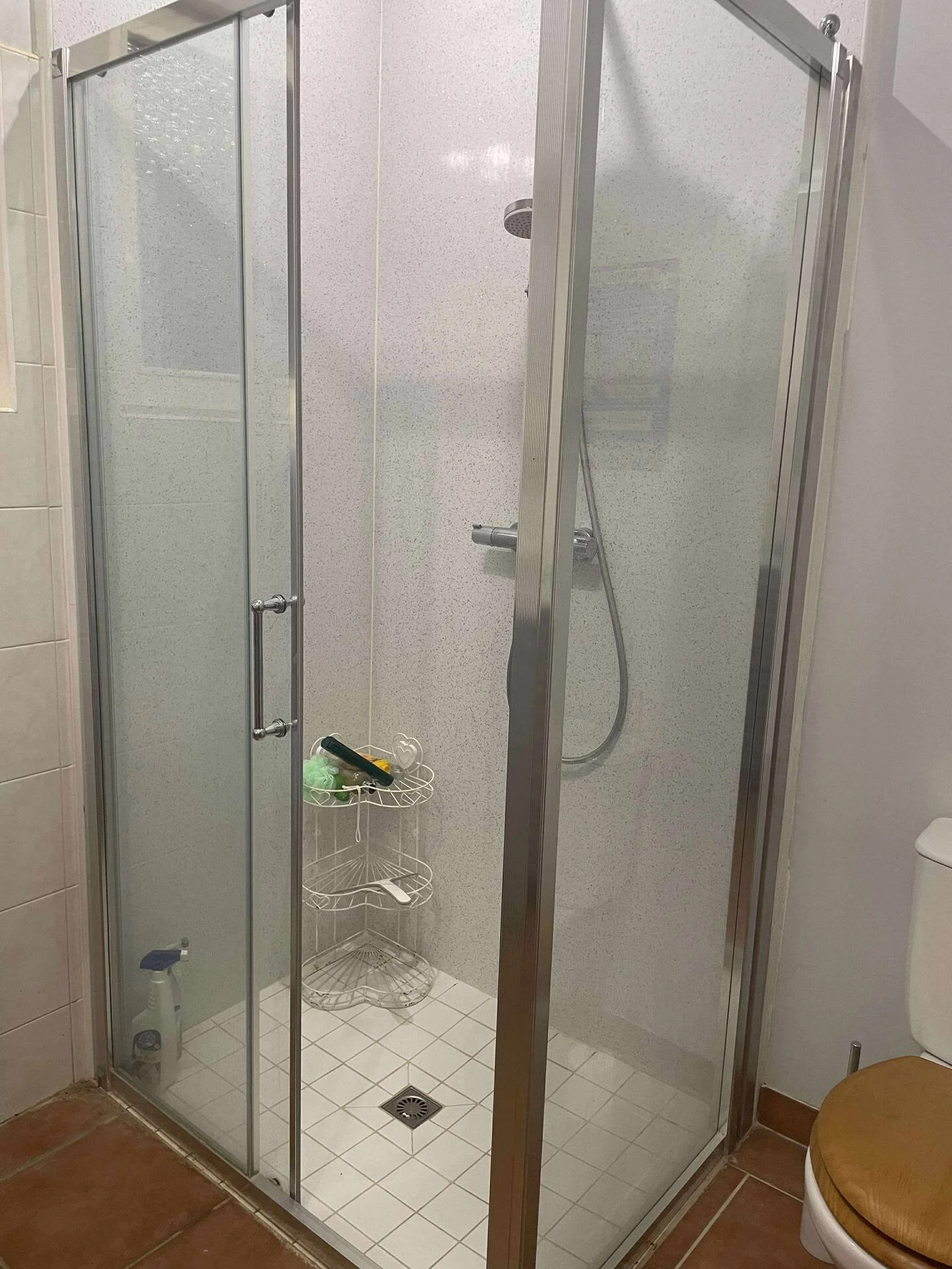 A small shower stall with glass doors and metal frames, containing a handheld showerhead, a corner wire shelf with toiletries, and a drain in the tiled floor. To the right, part of a toilet with a wooden seat is visible.