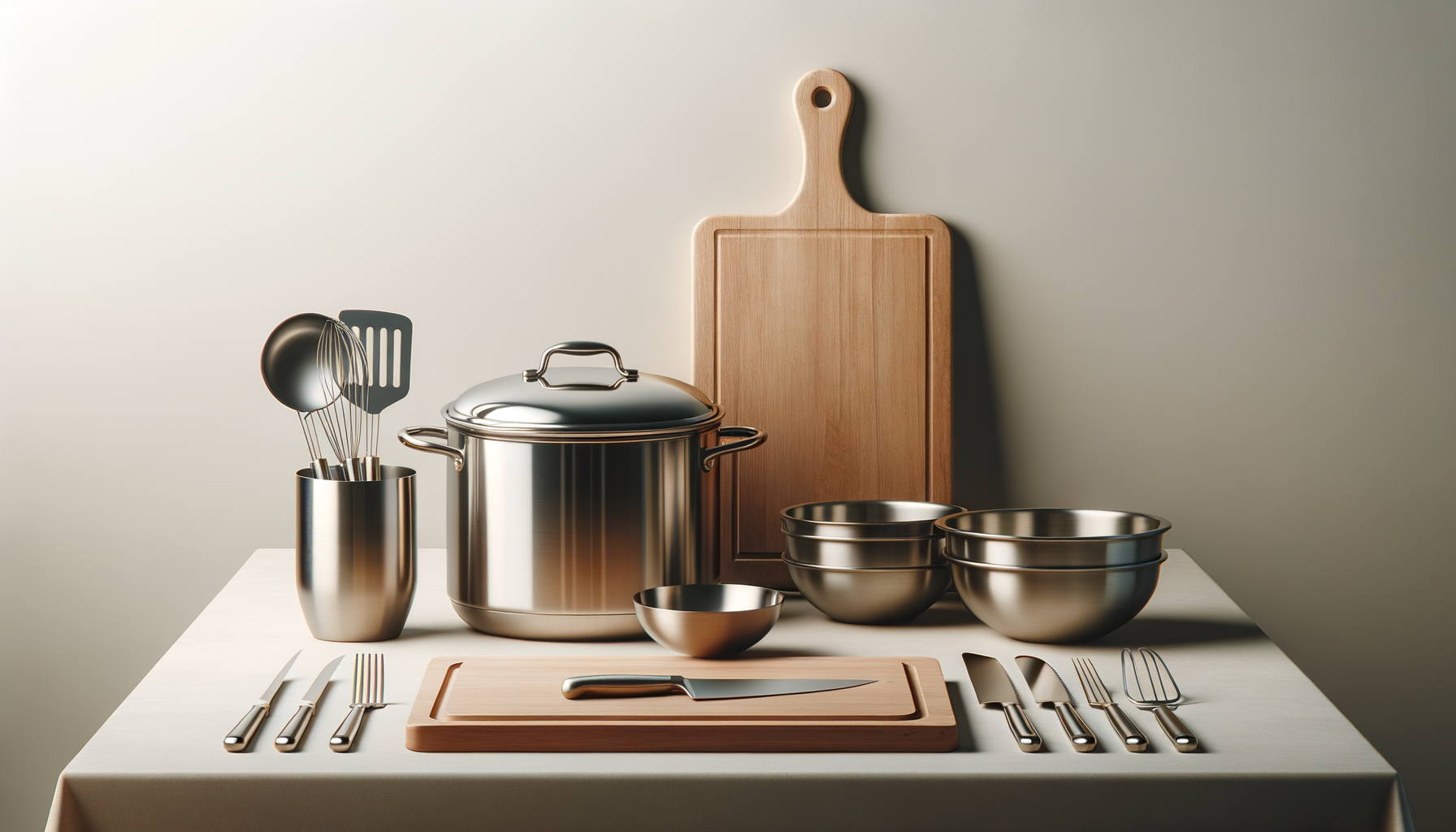 Kitchen utensils and bowls arranged on a table with a wooden cutting board and a white background.