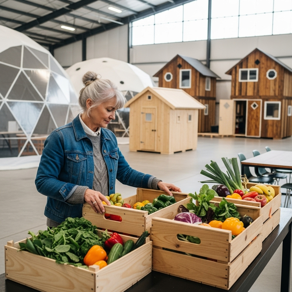 An elderly woman shopping for fresh vegetables at an indoor market with wooden houses and geodesic domes in the background.