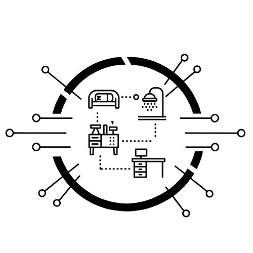 Indoor scene illustration with a bed, a window, a rain cloud, a desk with a computer, and a heater.