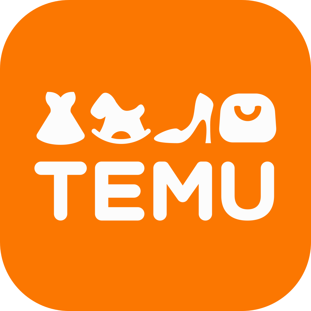The image displays the word 'TEMU' with illustrated clothing items above it, including a dress, a shirt, a shoe, and a bag, all on an orange background.
