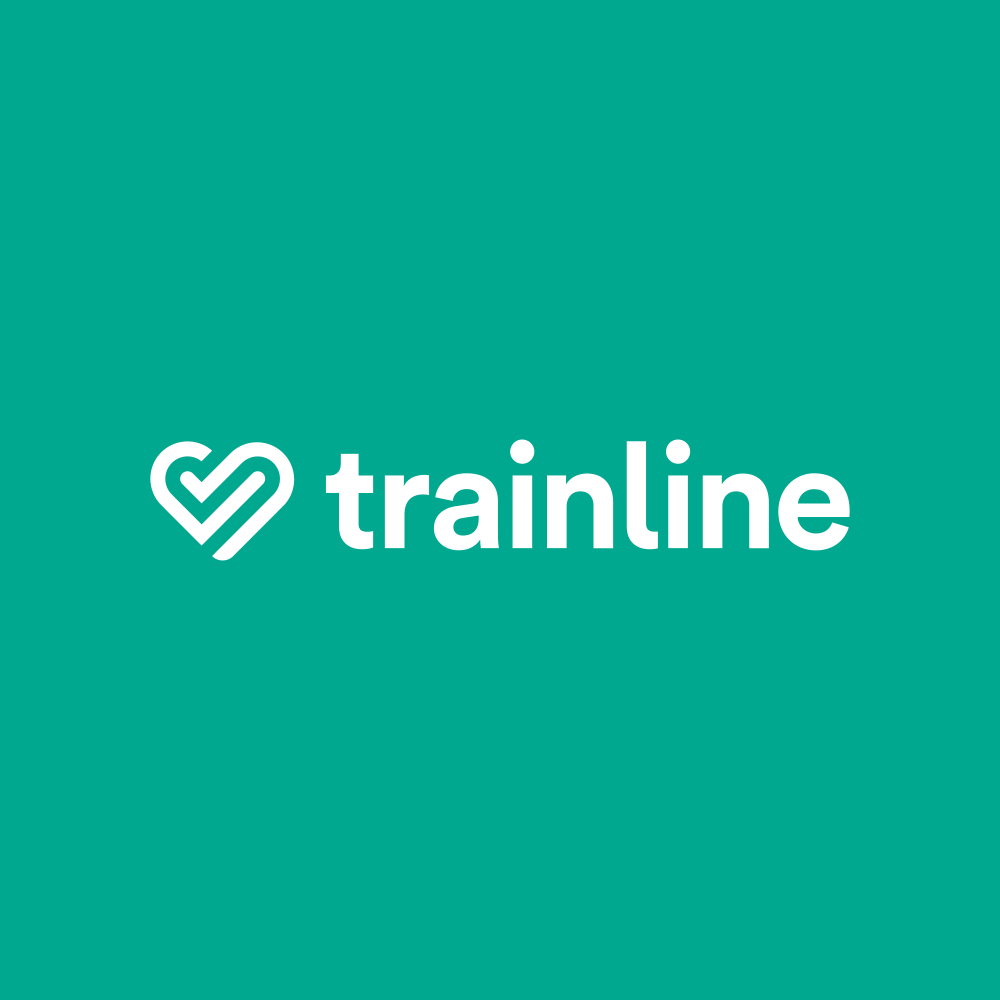 Teal background with white logo of a stylized heart and the text "trainline"