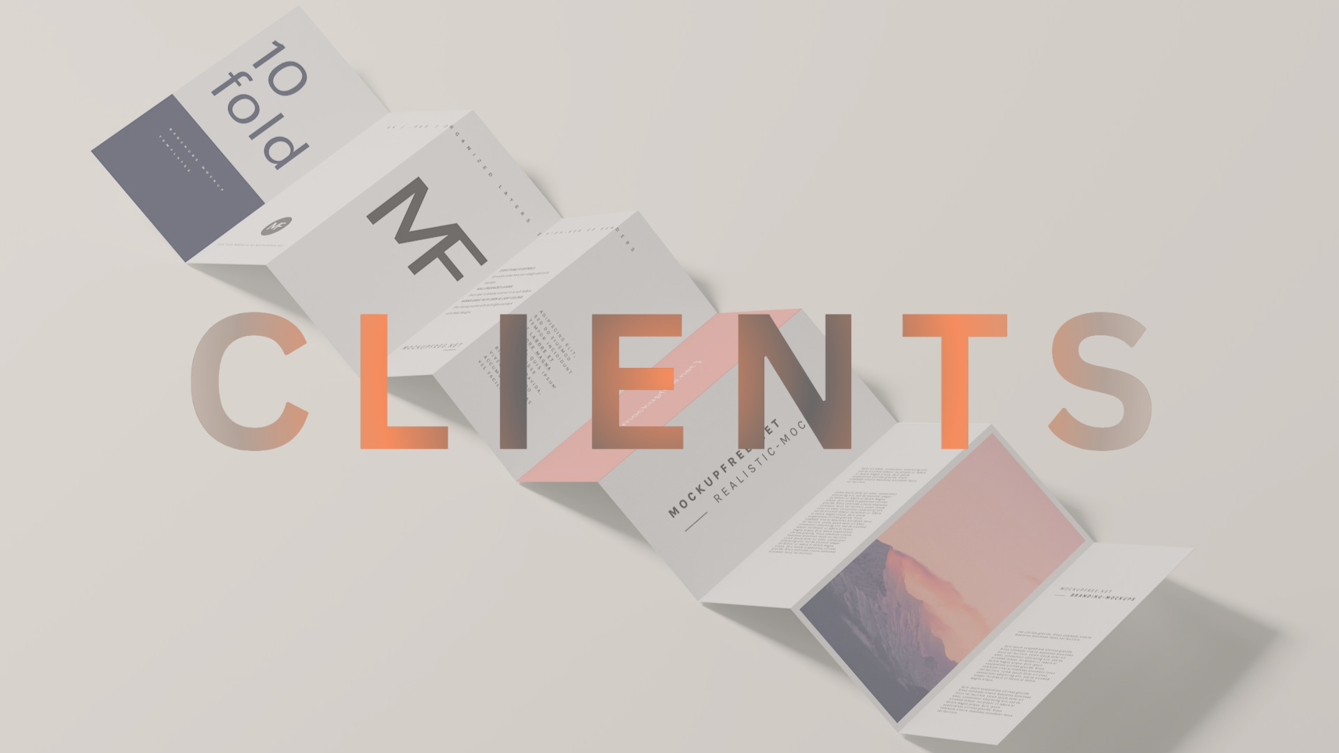 An unfolded brochure or pamphlet with sections of text and images, labeled 'Mockup Free' and 'Realistic Mockup,' laid out on a plain surface with a diagonal perspective. The word 'CLIENTS' is overlaid on the image.