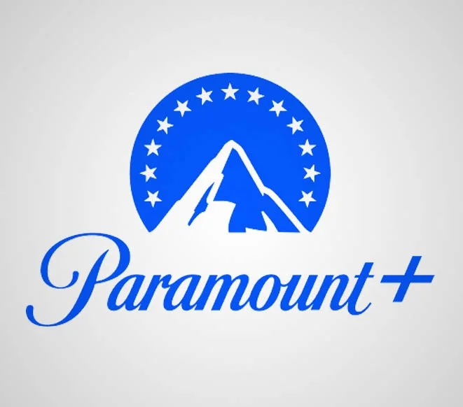 Paramount+ logo with a blue mountain inside a circle of white stars on a gray background.