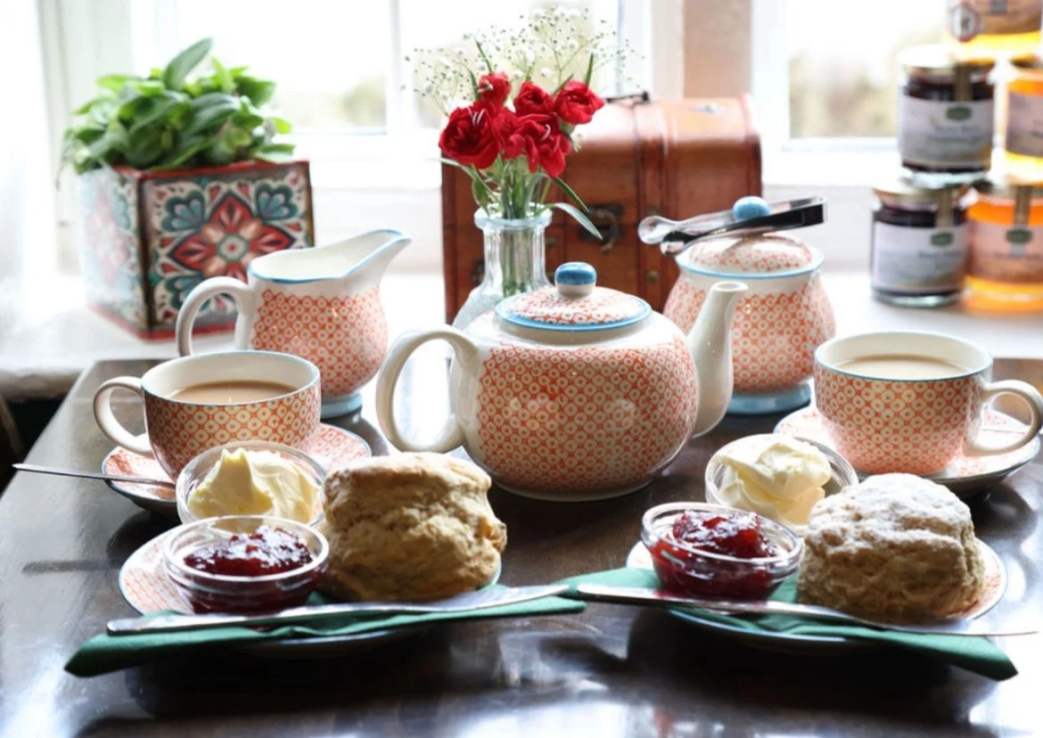 Traditional Exmoor Cream Tea with Scones, Jam and Clotted Cream at Allerford Tea Room, near Minehead, Exmoor