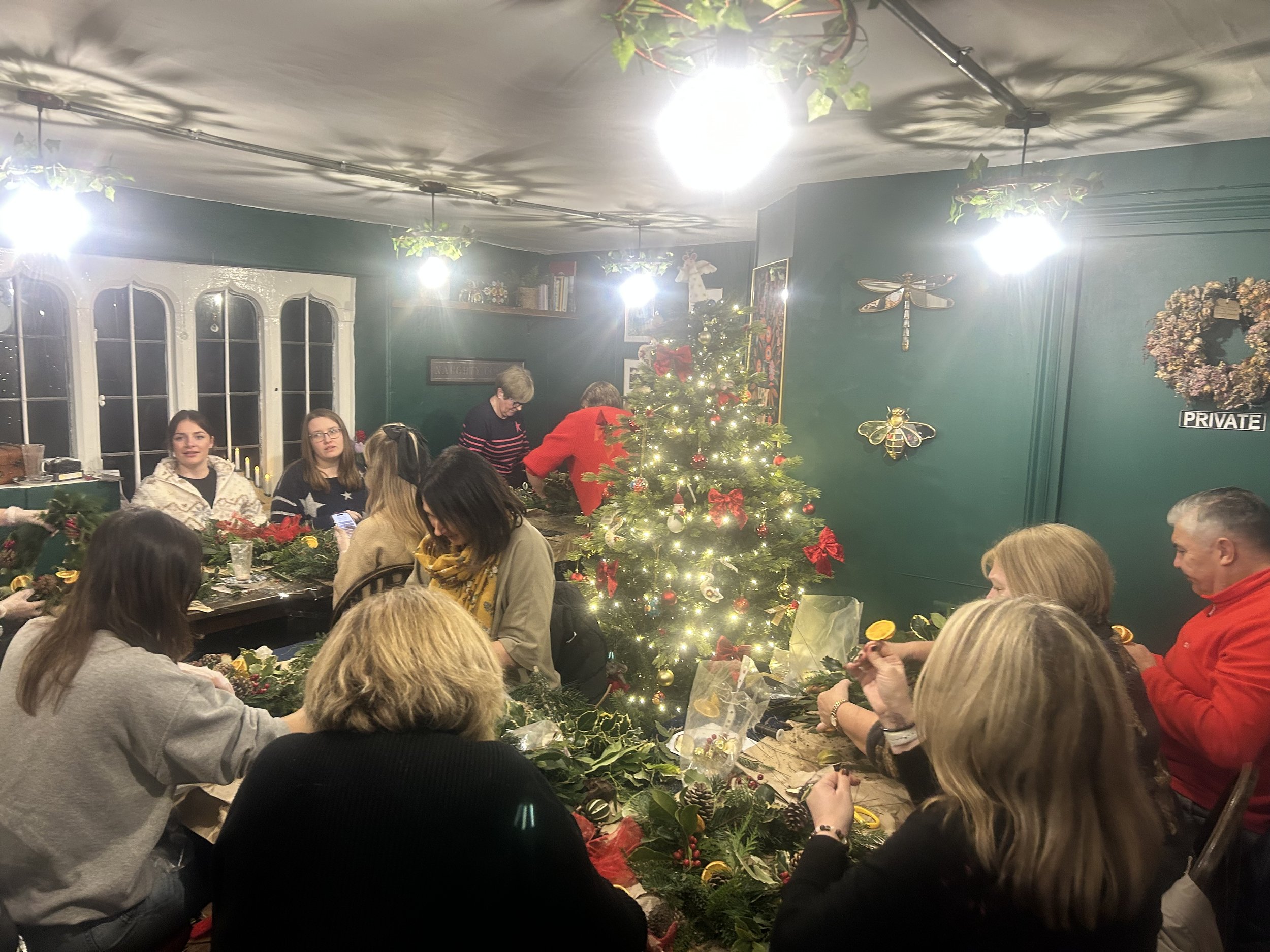 Christmas Wreath Making Workshop in Allerford Tea Room, near Minehead, Somerset