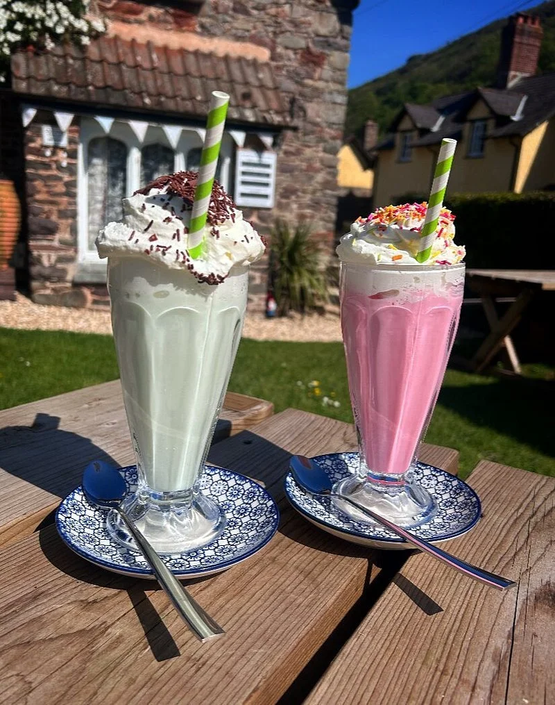 Traditional homemade milkshakes in the tea garden of Allerford Tea Room, near Minehead, Somerset, Exmoor