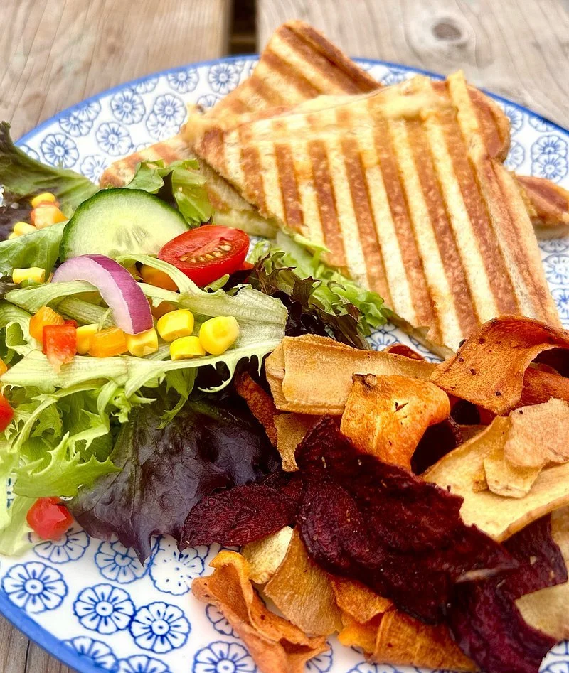 Home cooked lunch of sandwich toastie with fresh salad, light lunch in Allerford tea room and tea gardens, in Allerford, Near Minehead, Somerset, Exmoor
