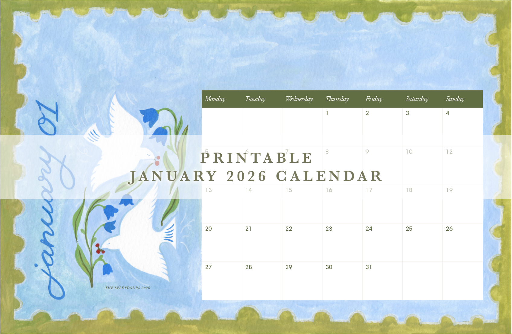 January 2026 Monthly Calendar (Digital Print-Ready File)