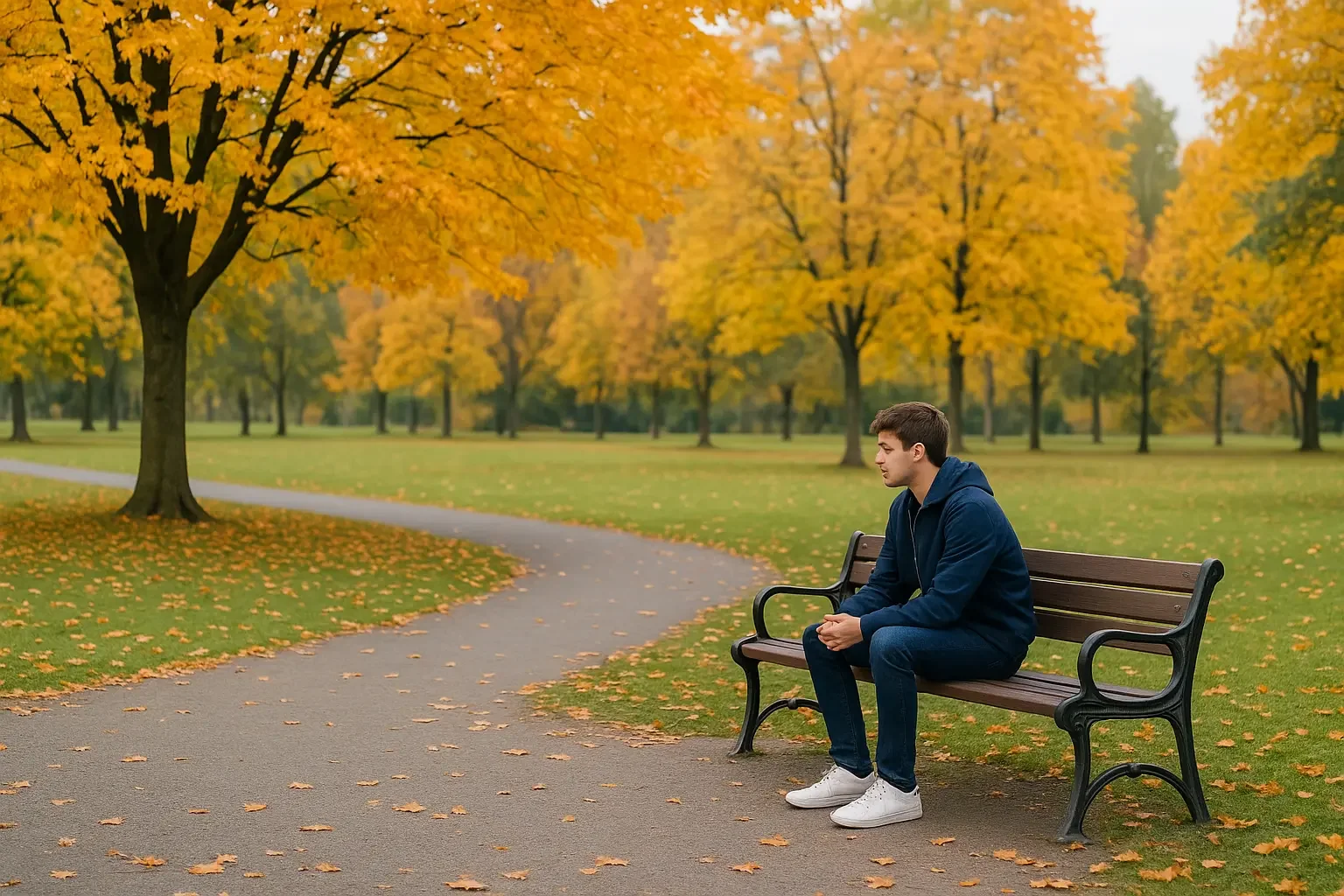 A young man sits alone on a bench in a park