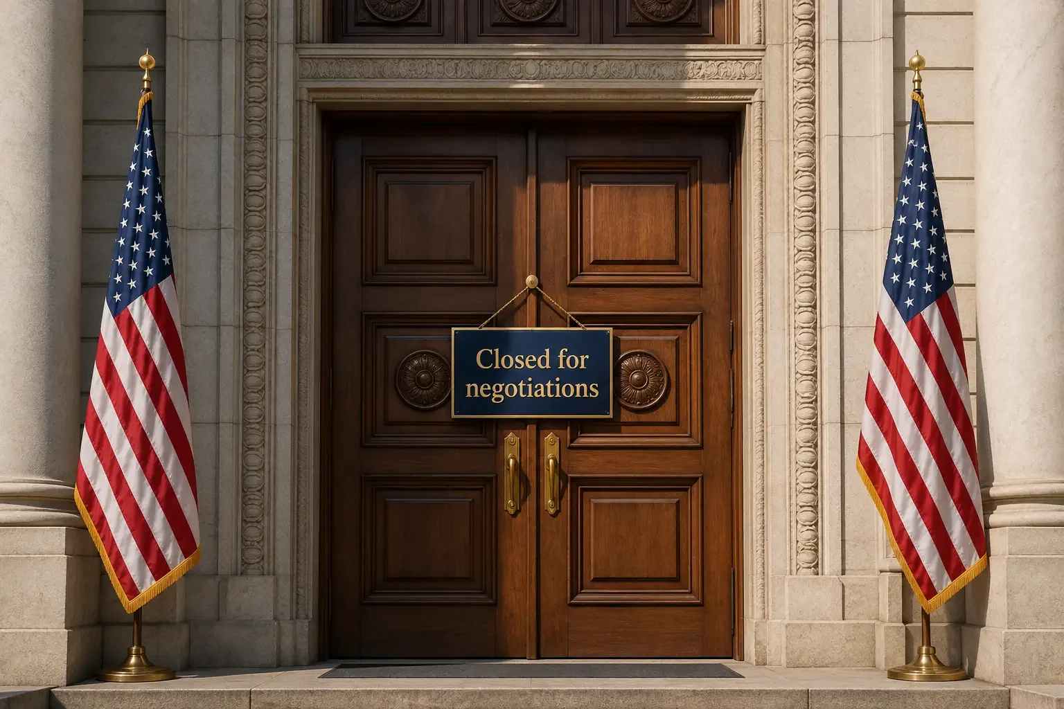 Image of a door with a sign reading "Closed for negotiations"