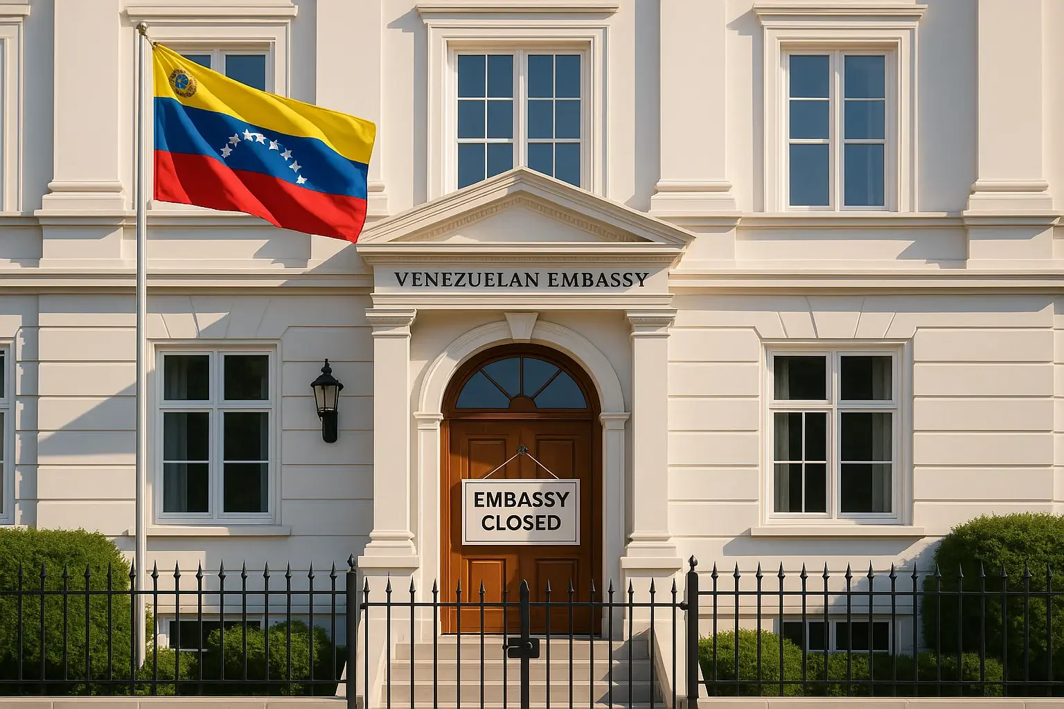 A white building with a sign saying 'Venezuelan Embassy'