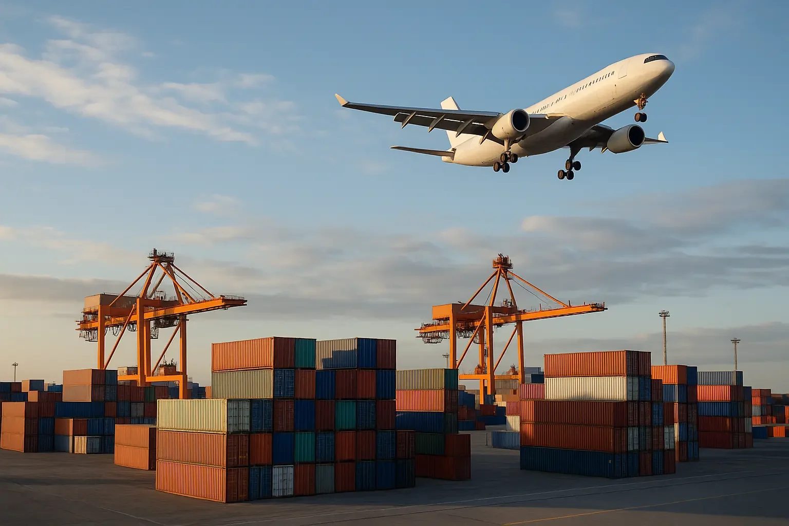 An aircraft flying over a container port