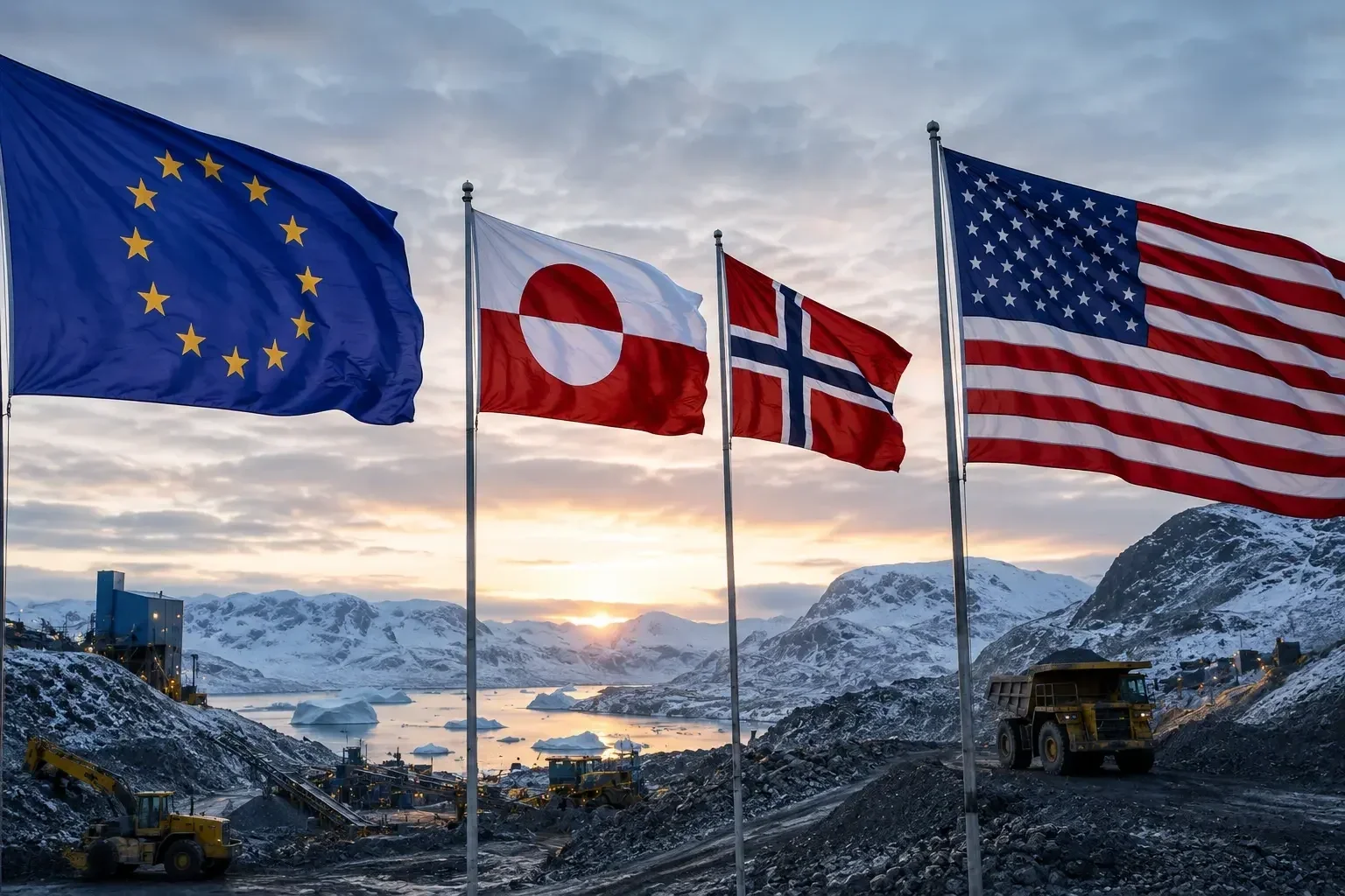 Flags of the EU, the United States, Greenland and Norway in an Arctic setting