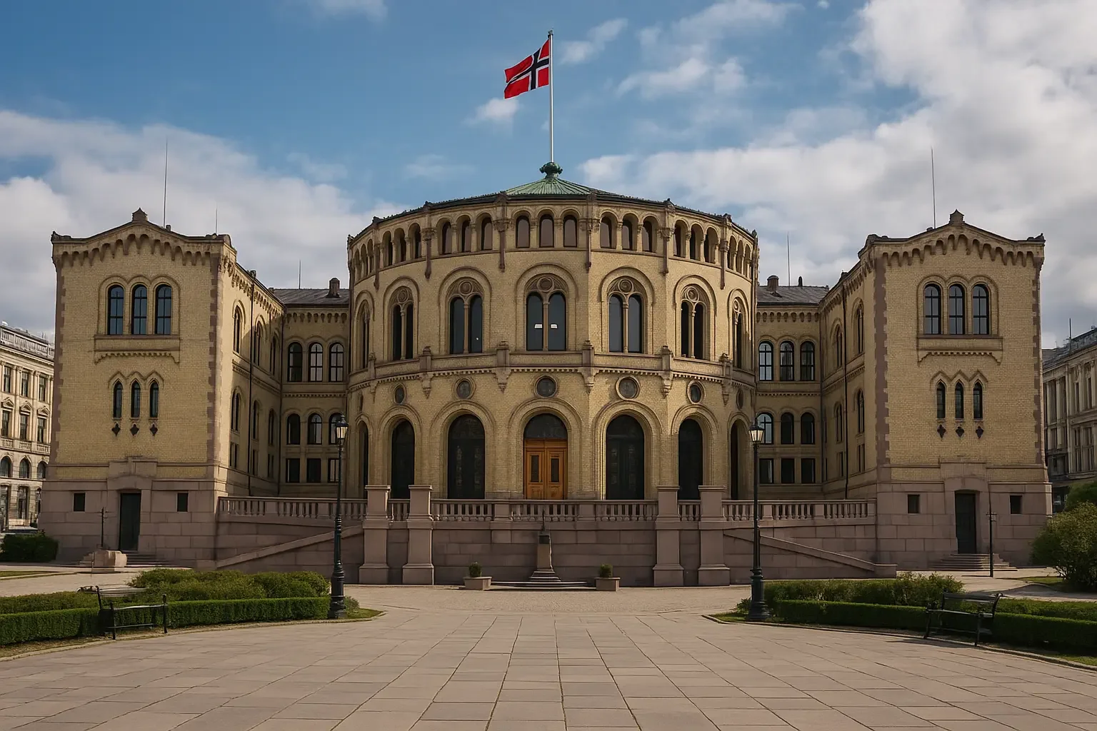 Kenneths hovedbygning foran en dugnad av brosteinsbelagte tråkk med grønt gress og benker, under en blå himmel med skyer, med et norsk flagg på toppen.