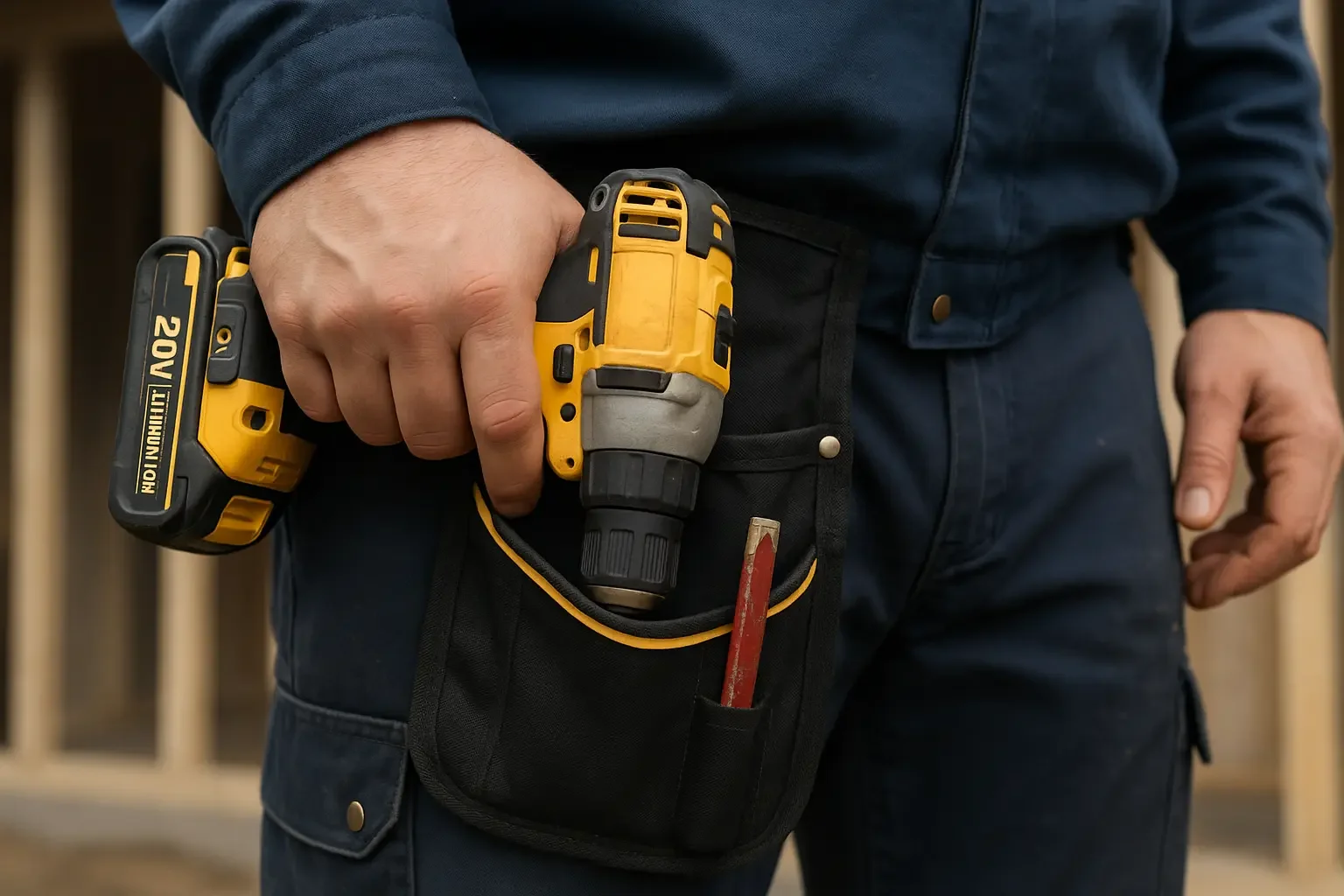 A person wearing a tool belt, holding a drill and a screwdriver, standing in a building frame.