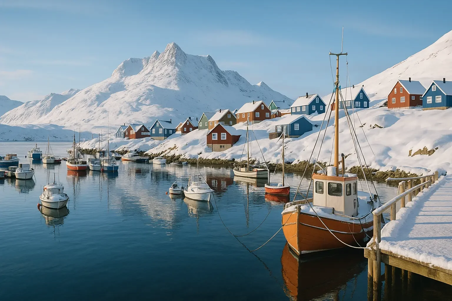 En havn med flere båter forankret i vannet, omgitt av snødekte fjell og hus i ulike farger.
