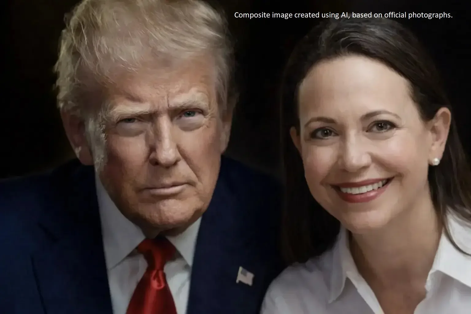 Composite image created using AI, based on official photographs of Trump and Machado.