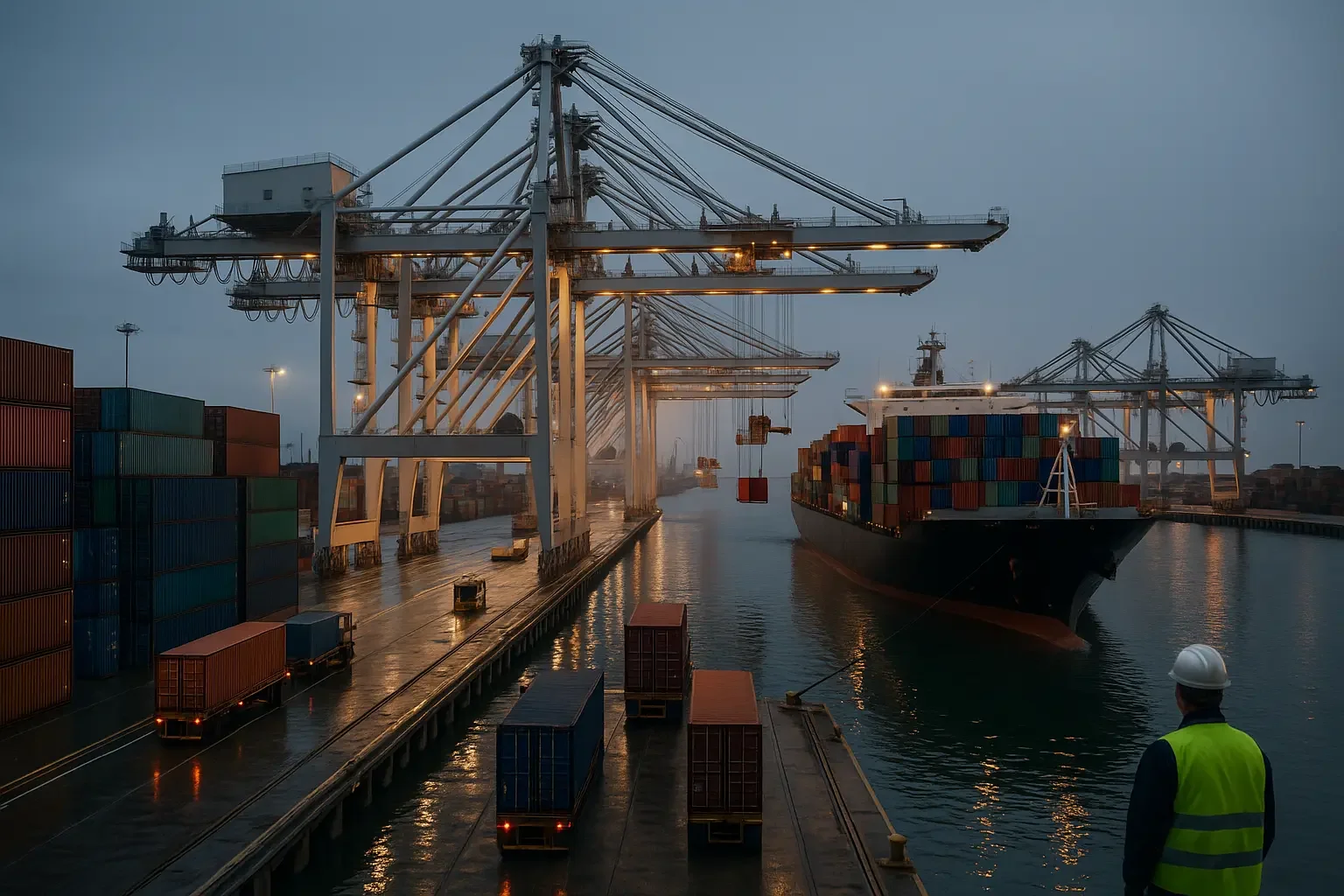 En containerhavn med store kraner som laster og losser containere på og av skip, med containere stablet på kai og skip, under en grå himmel, sett fra en kai med en person i hørselsvern og high-visibility vest som overvåker prosessen.