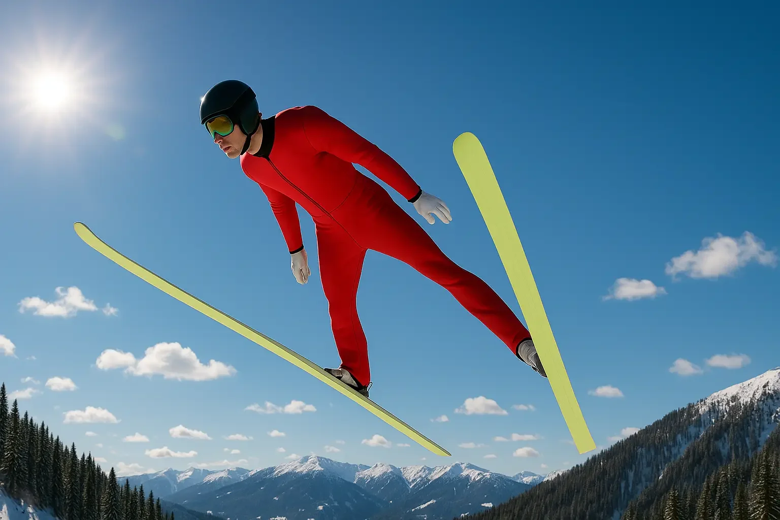 En person i rødt skiutstyr i luften mot himmelen med snødekte fjell i bakgrunnen.