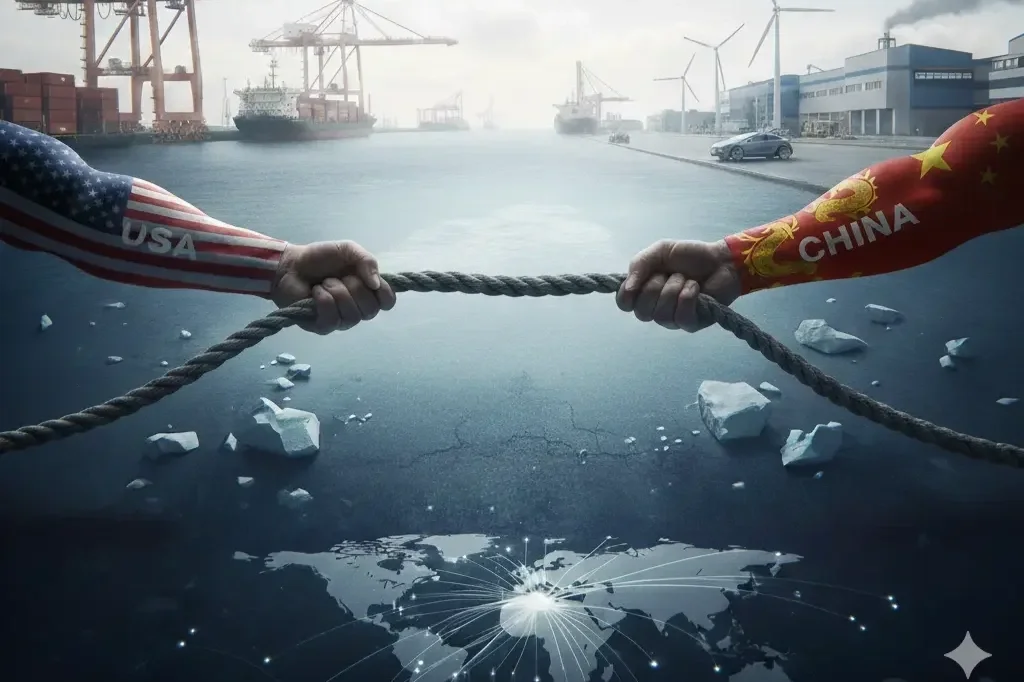 Graphic illustration depicting a geopolitical tug-of-war between China and the United States over global critical mineral supplies.