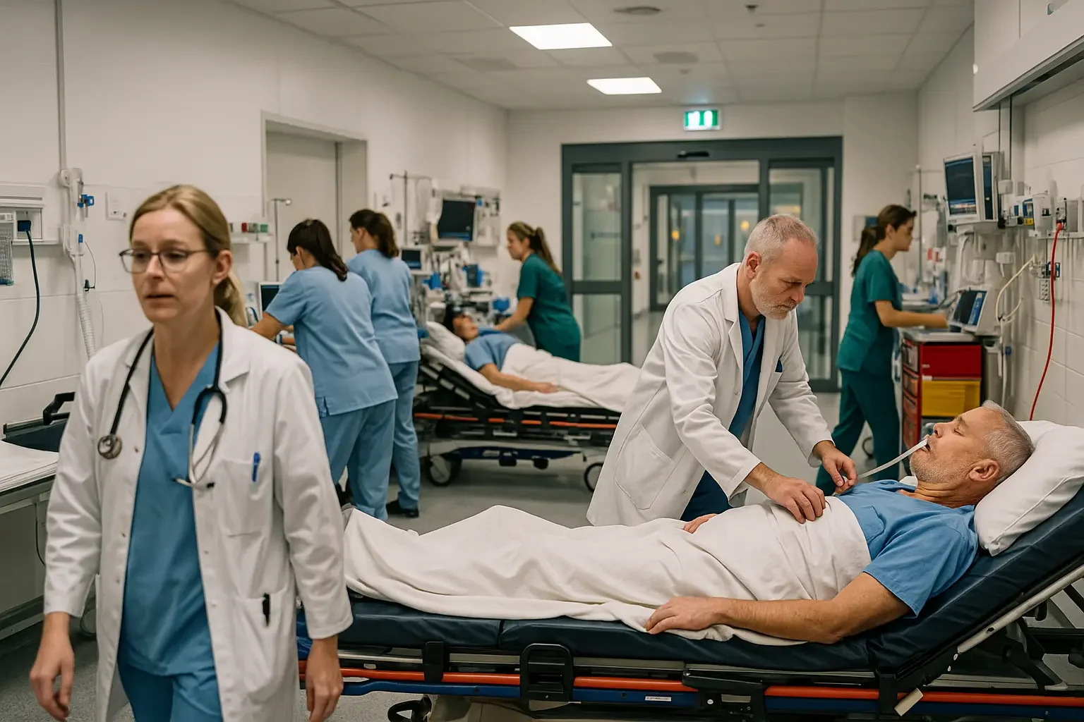 Pleiehjem for pasienter med medisinsk personale som gir omsorg, mange pasienter i senger omgitt av medisinsk utstyr og personale i en seng.