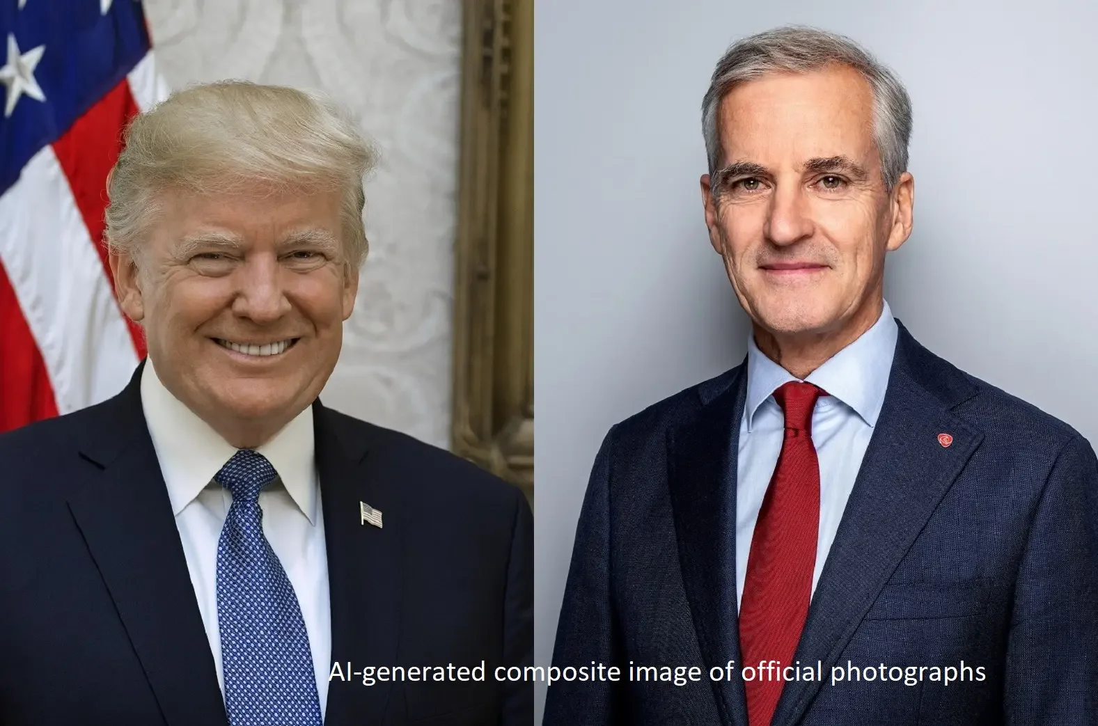 AI-generated composite image of official photographs Jonas Gahr Store and Donald Trump