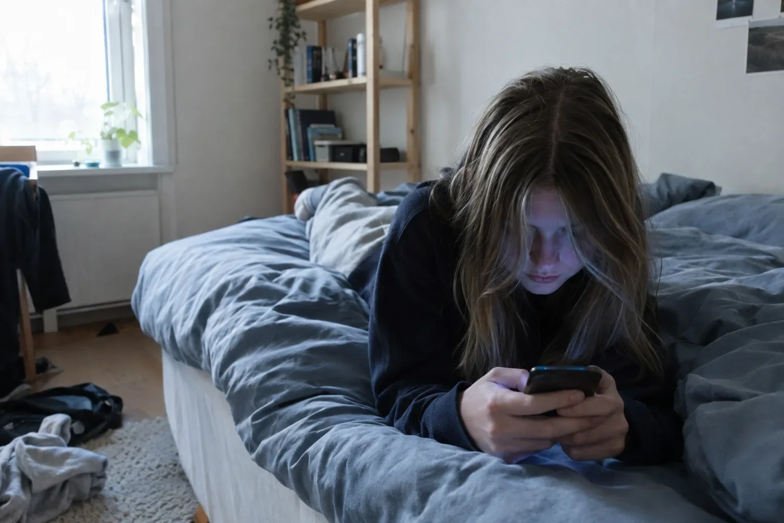 Youth watching mobile phone in bed