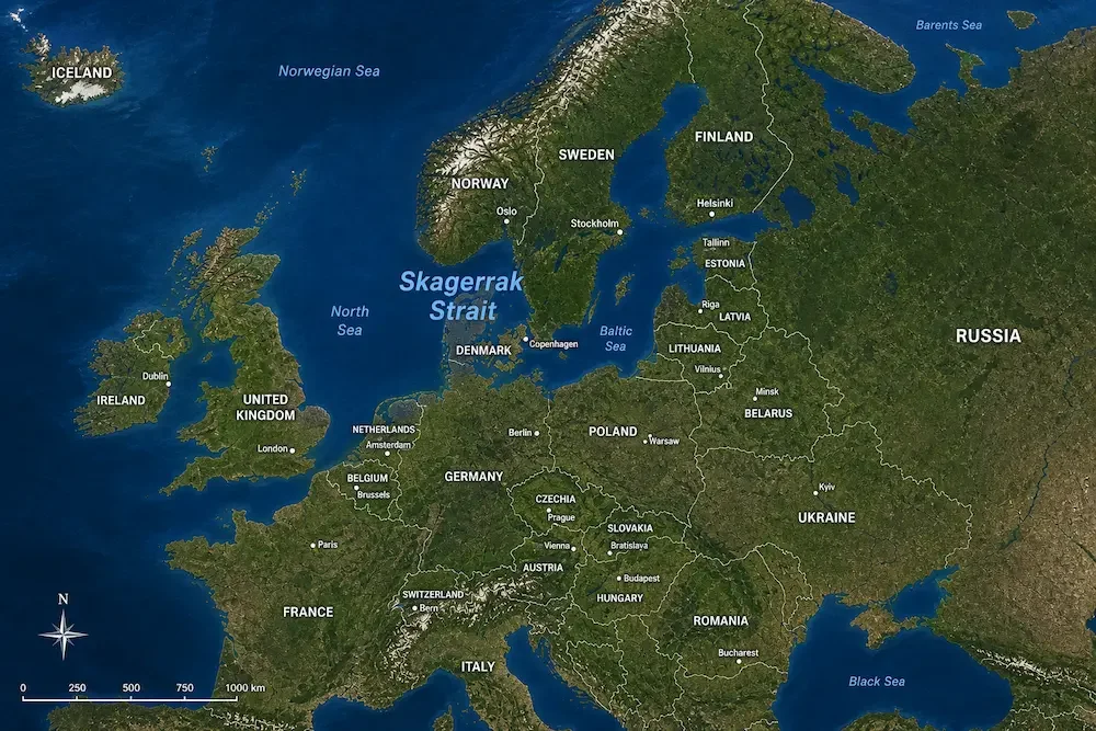 Map of Europe with the Skagerrak marked