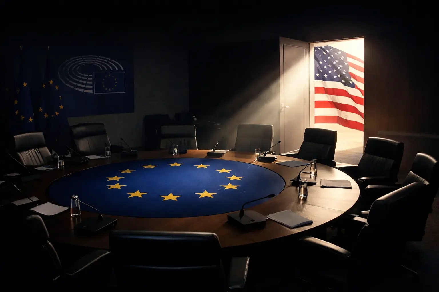 Illustration of an empty meeting room with the EU  and American flags